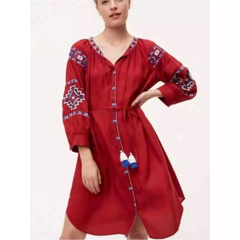 Loft red Aztec boho tassel dress xs